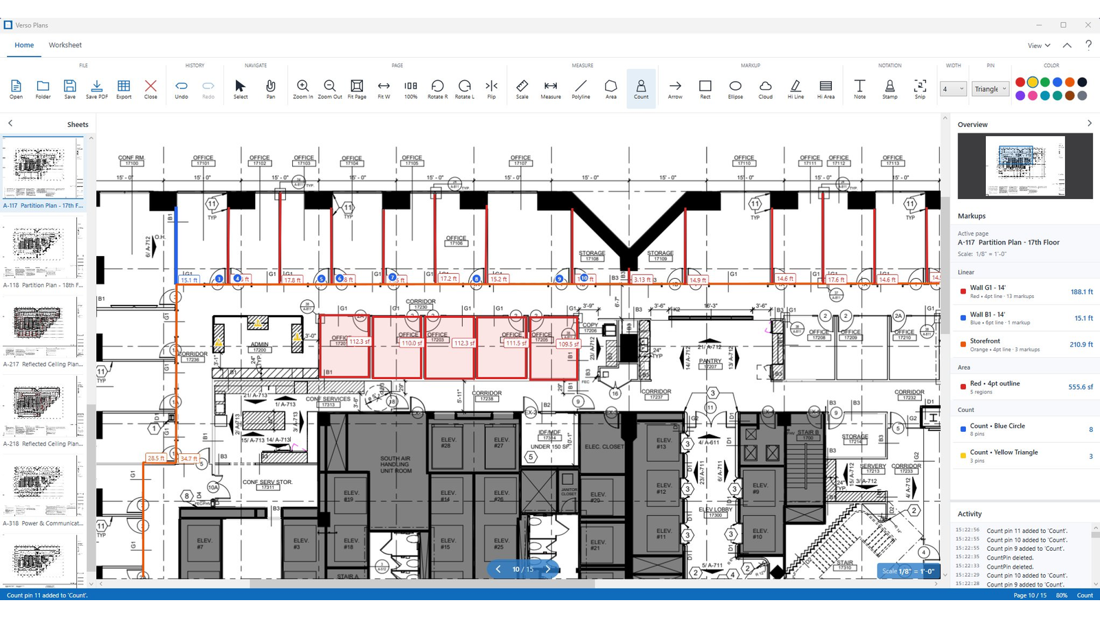 Verso Plans showing measured walls in red and orange, count pins, and highlighted office areas on a partition floor plan