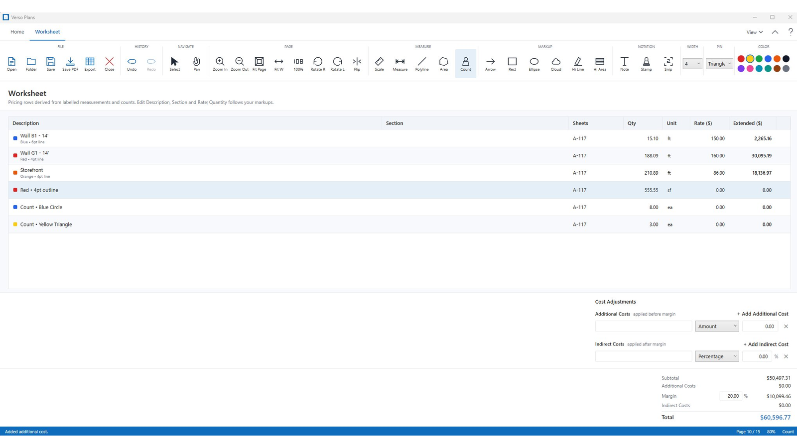Verso Plans worksheet view showing six priced rows, cost adjustments, 20% margin, and a $60,596.77 total