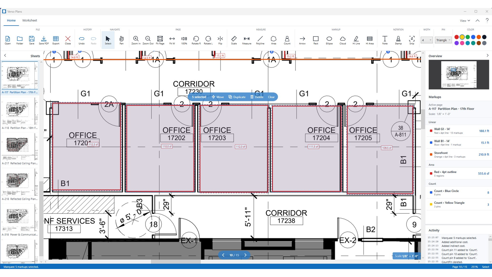Five office areas highlighted with marquee selection and a floating toolbar showing Move, Duplicate, Delete actions