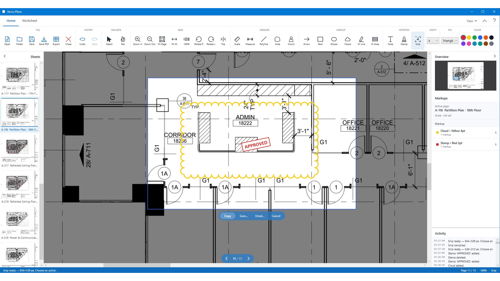 Snip tool active on a partition plan with cloud markup and APPROVED stamp visible in the snip region