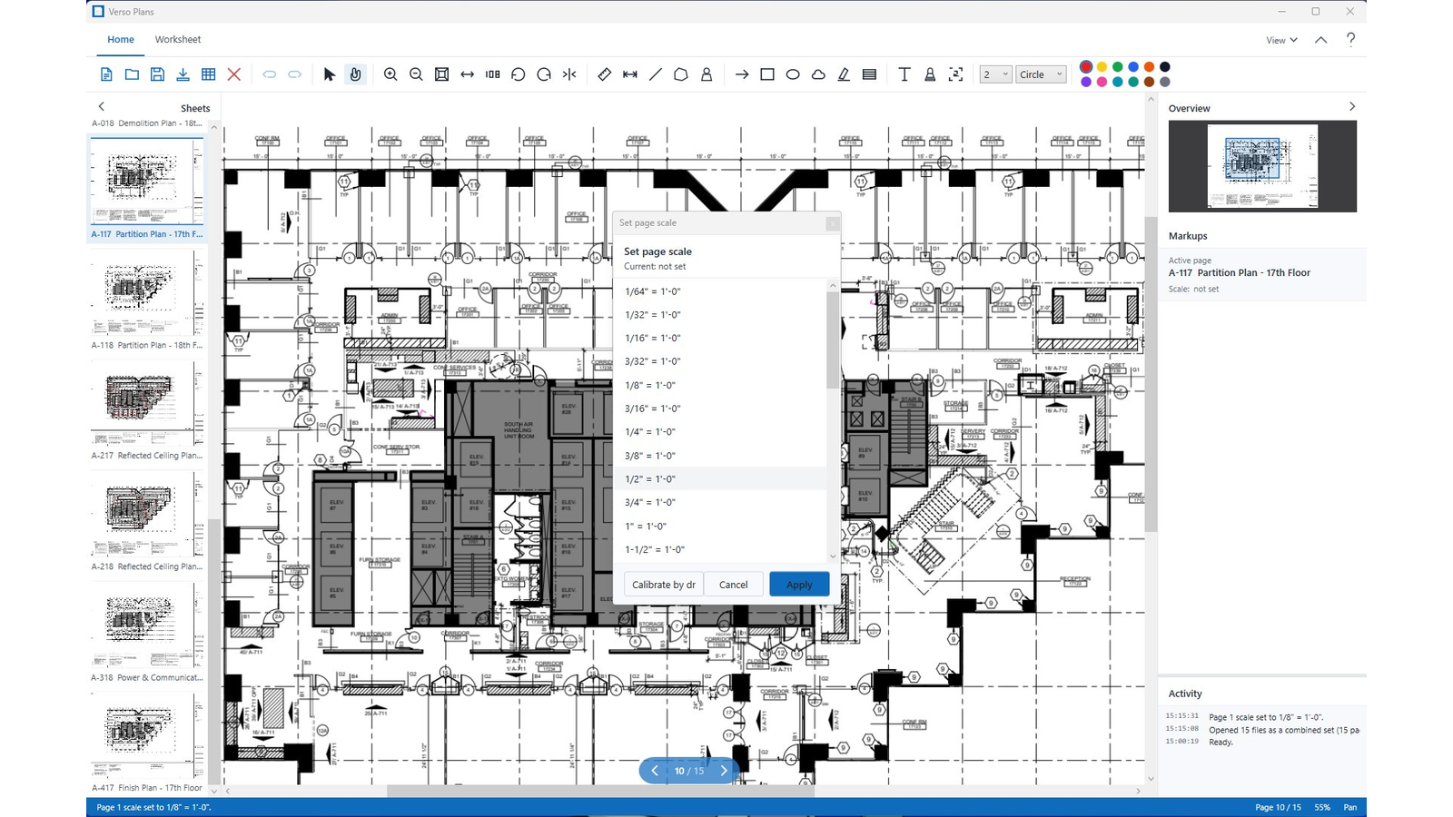 Verso Plans Set Page Scale dialog over a partition floor plan, with standard architectural scale presets listed