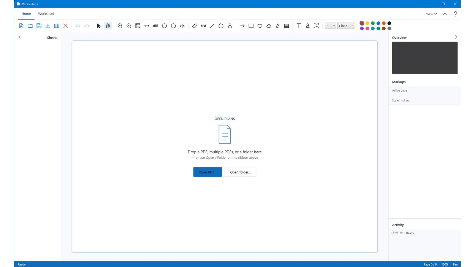 Verso Plans empty workspace with Open PDF and Open Folder buttons